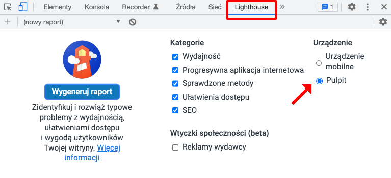 lighthouse wygenerowanie raportu
